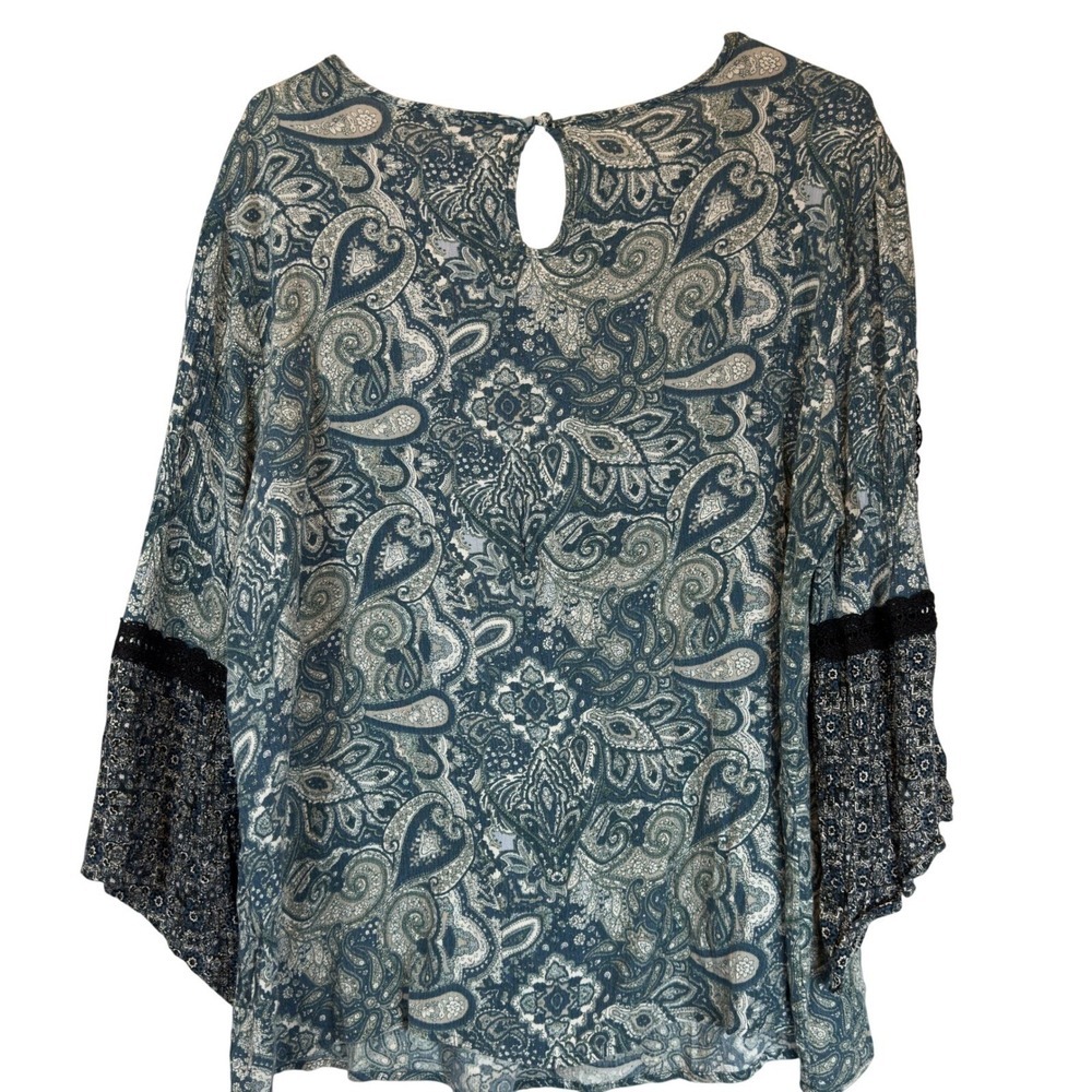 CATO XL Paisley Boho Blouse Blue Teal Lace Inset Flared Sleeve Rayon Top - Picture 3 of 11